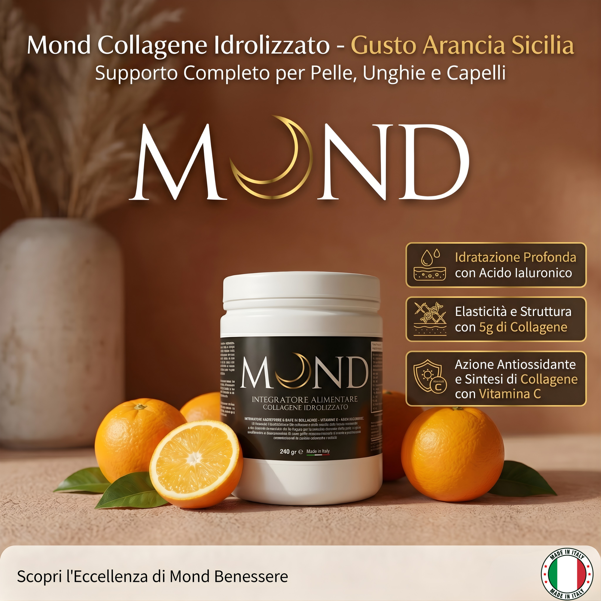 Mond Collagene Idrolizzato in Polvere con Acido Ialuronico e Vitamina C | Gusto Arancia Sicilia | 240g