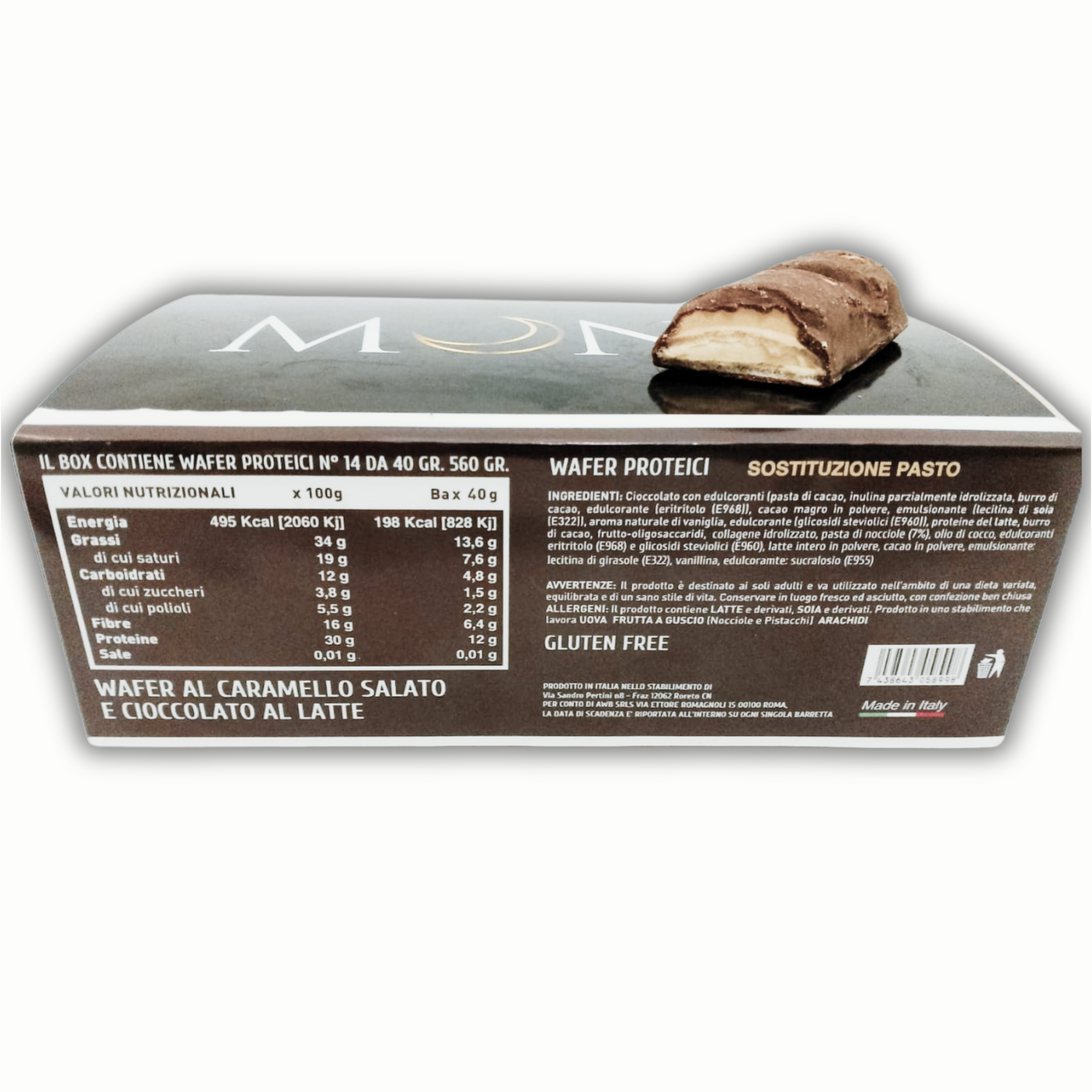 Mond 14 Wafer Proteici Caramello Salato da 40 gr - Wafer Sostituto Pasto - Low Carb - Senza Glutine - Made In Italy - Qualità Top