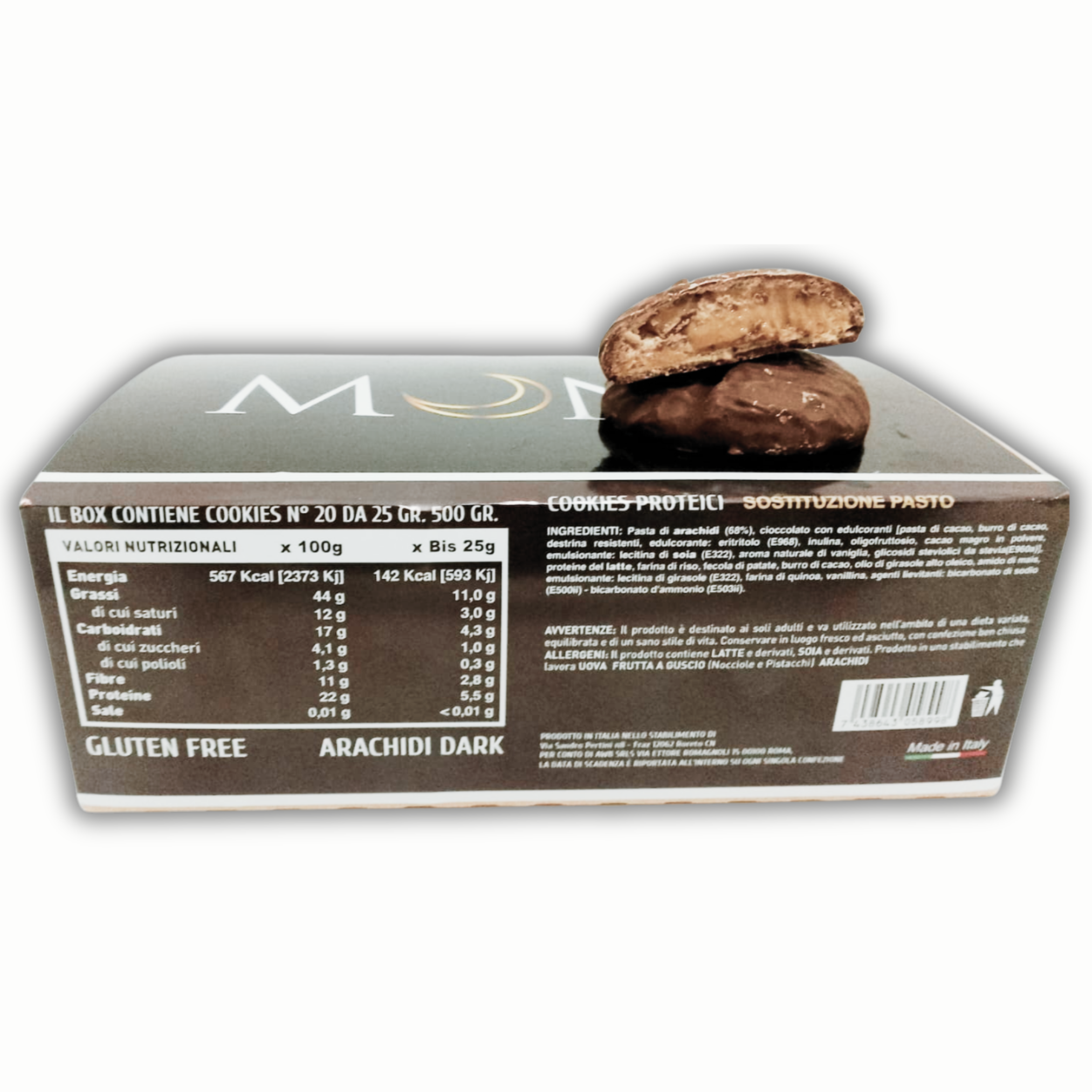 Mond 20 Cookie Proteici Arachidi e Cioccolato da 25 gr - Cookie Sostituto Pasto - Low Carb - Senza Glutine - Made In Italy - Qualità Top