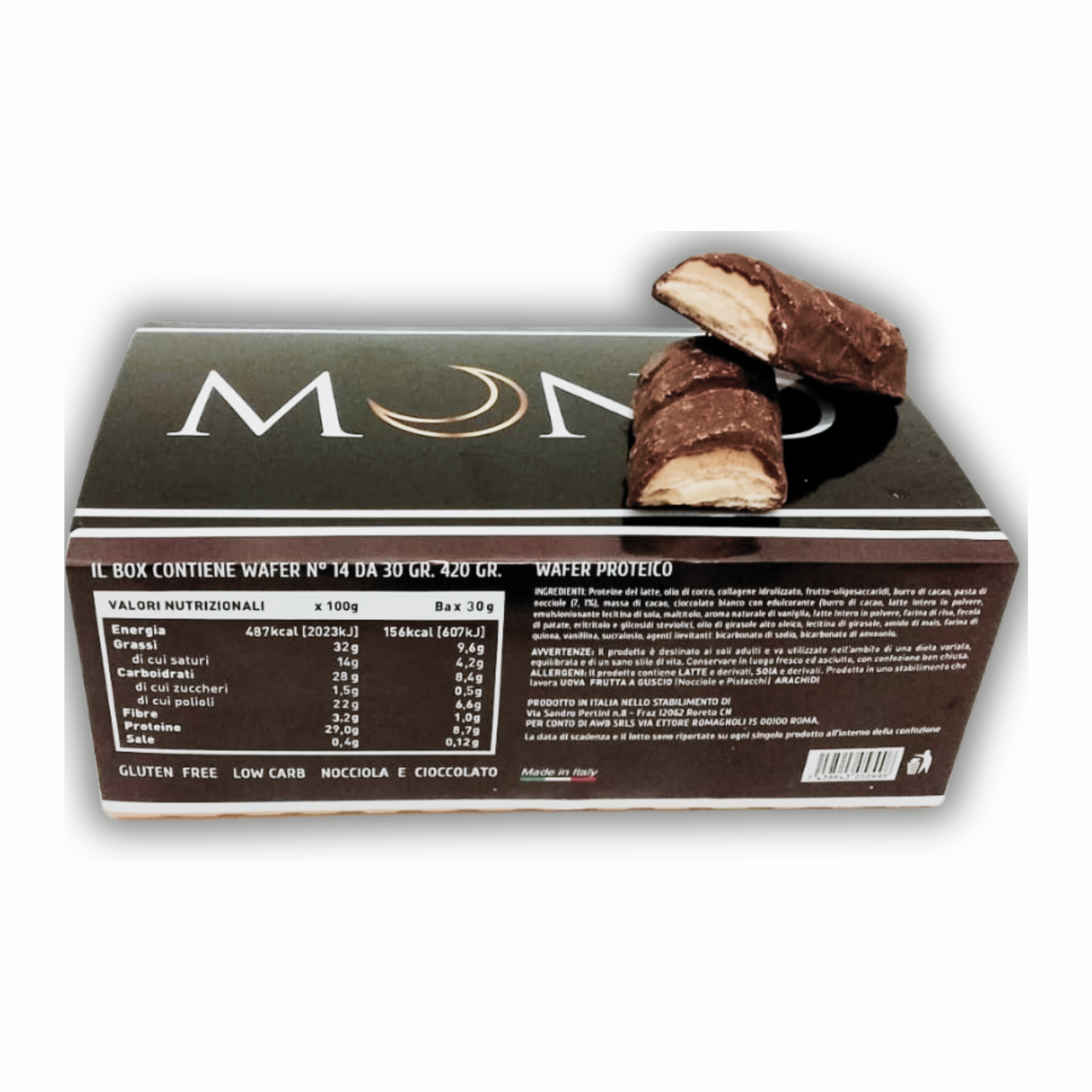 Mond 14 Wafer Proteici Nocciola Cioccolato da 30 gr - Sostituto Pasto - Low Carb - Senza Glutine - Made In Italy - Qualità Top