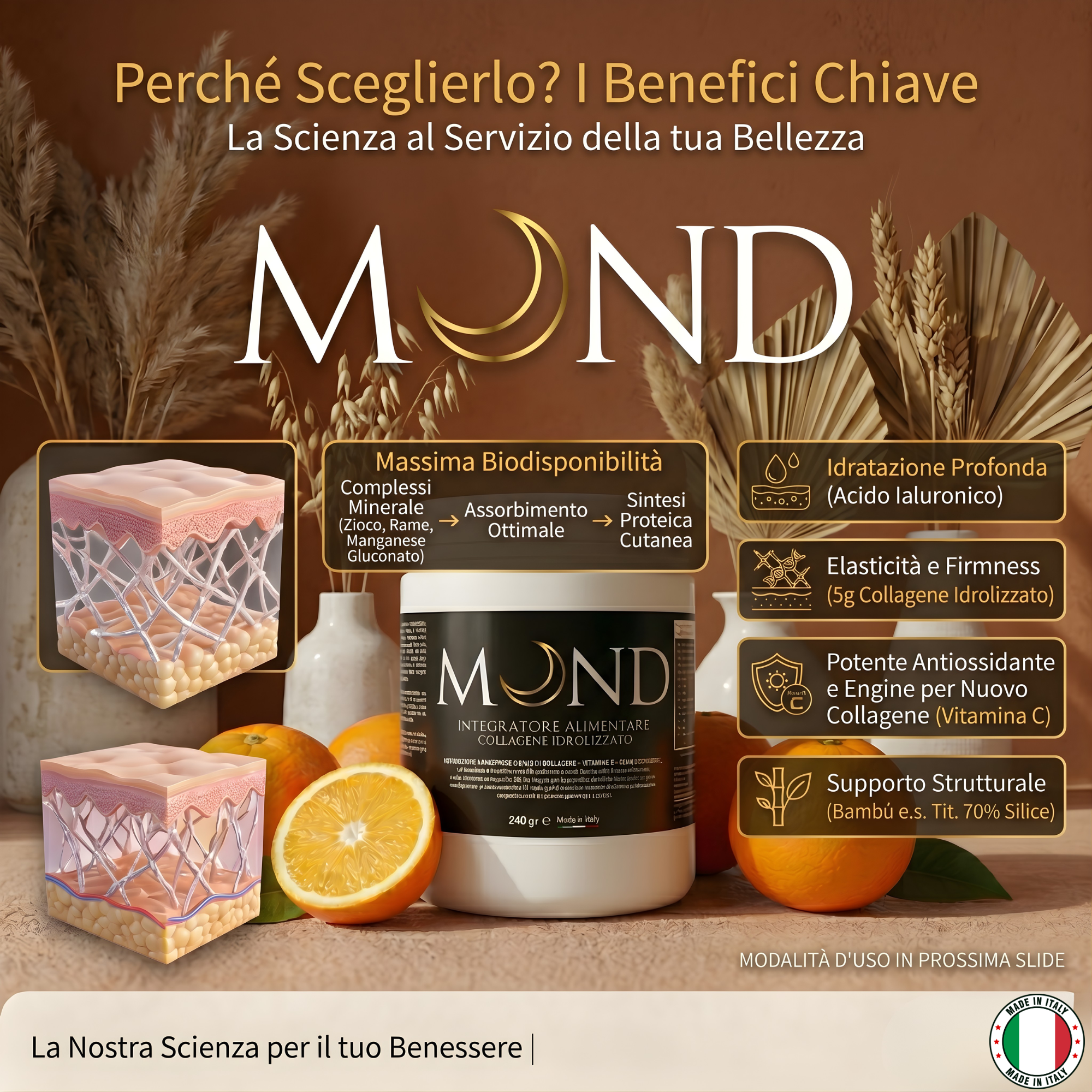 Mond Collagene Idrolizzato in Polvere con Acido Ialuronico e Vitamina C | Gusto Arancia Sicilia | 240g