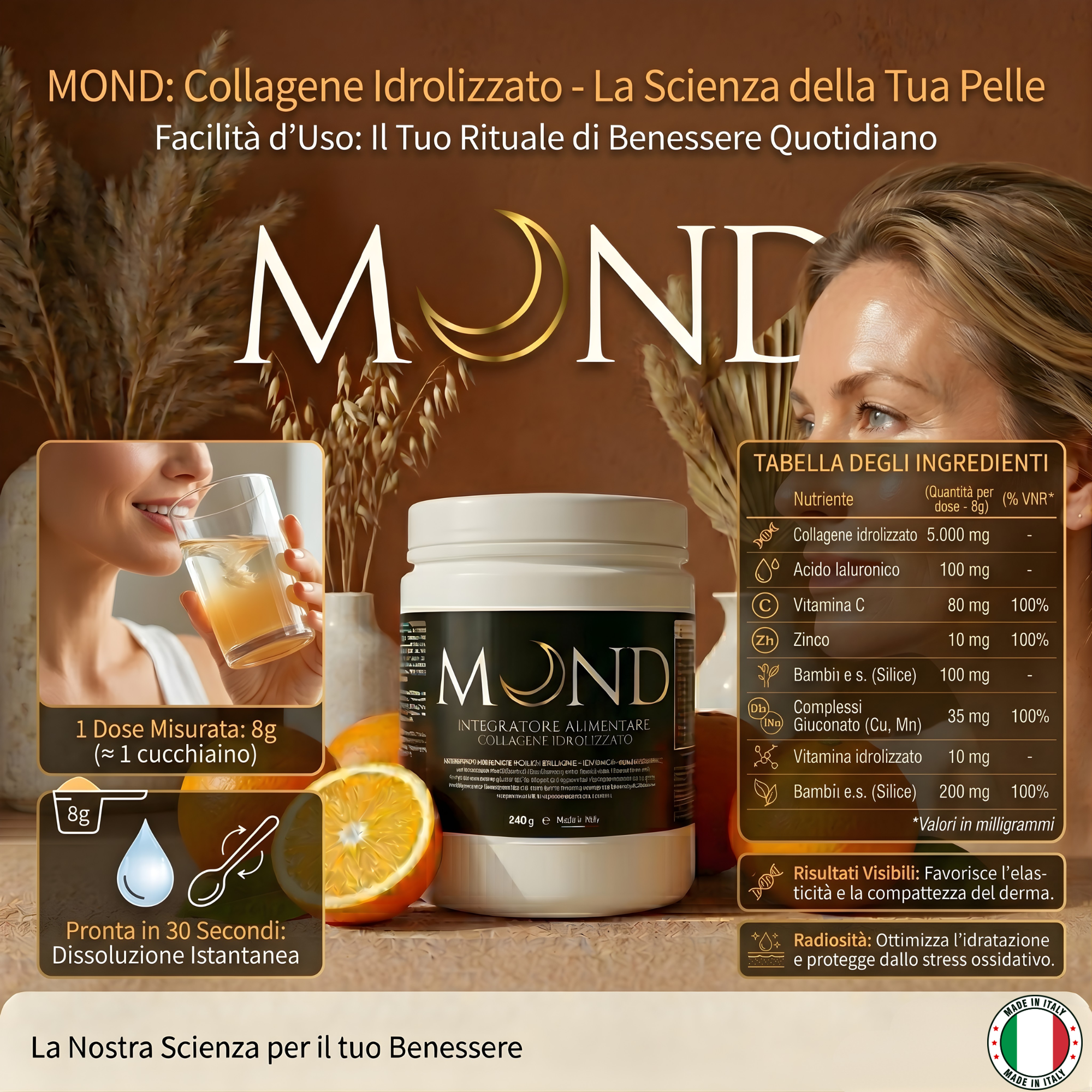 Mond Collagene Idrolizzato in Polvere con Acido Ialuronico e Vitamina C | Gusto Arancia Sicilia | 240g