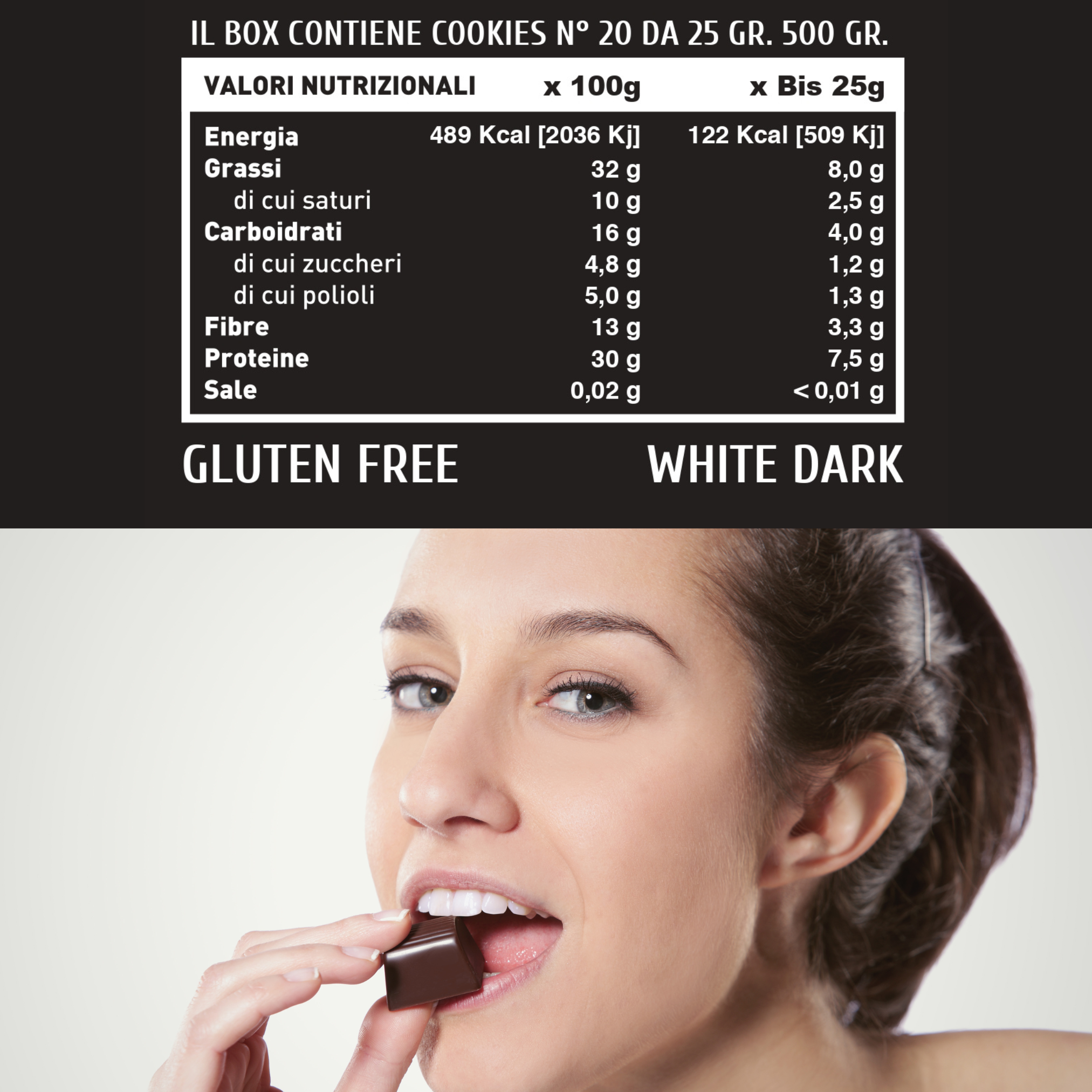 Mond 20 Cookie Proteici Cioccolato Bianco e Fondente da 25 gr - Cookie Sostituto Pasto - Low Carb - Senza Glutine - Made In Italy - Qualità Top