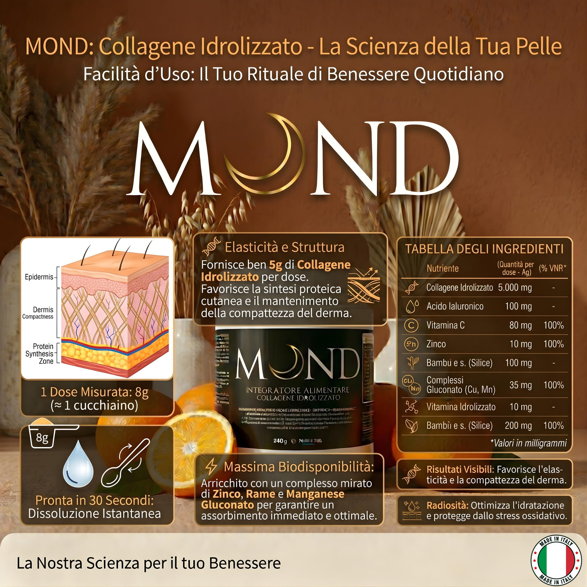 Mond Collagene Idrolizzato in Polvere con Acido Ialuronico e Vitamina C | Gusto Arancia Sicilia | 240g