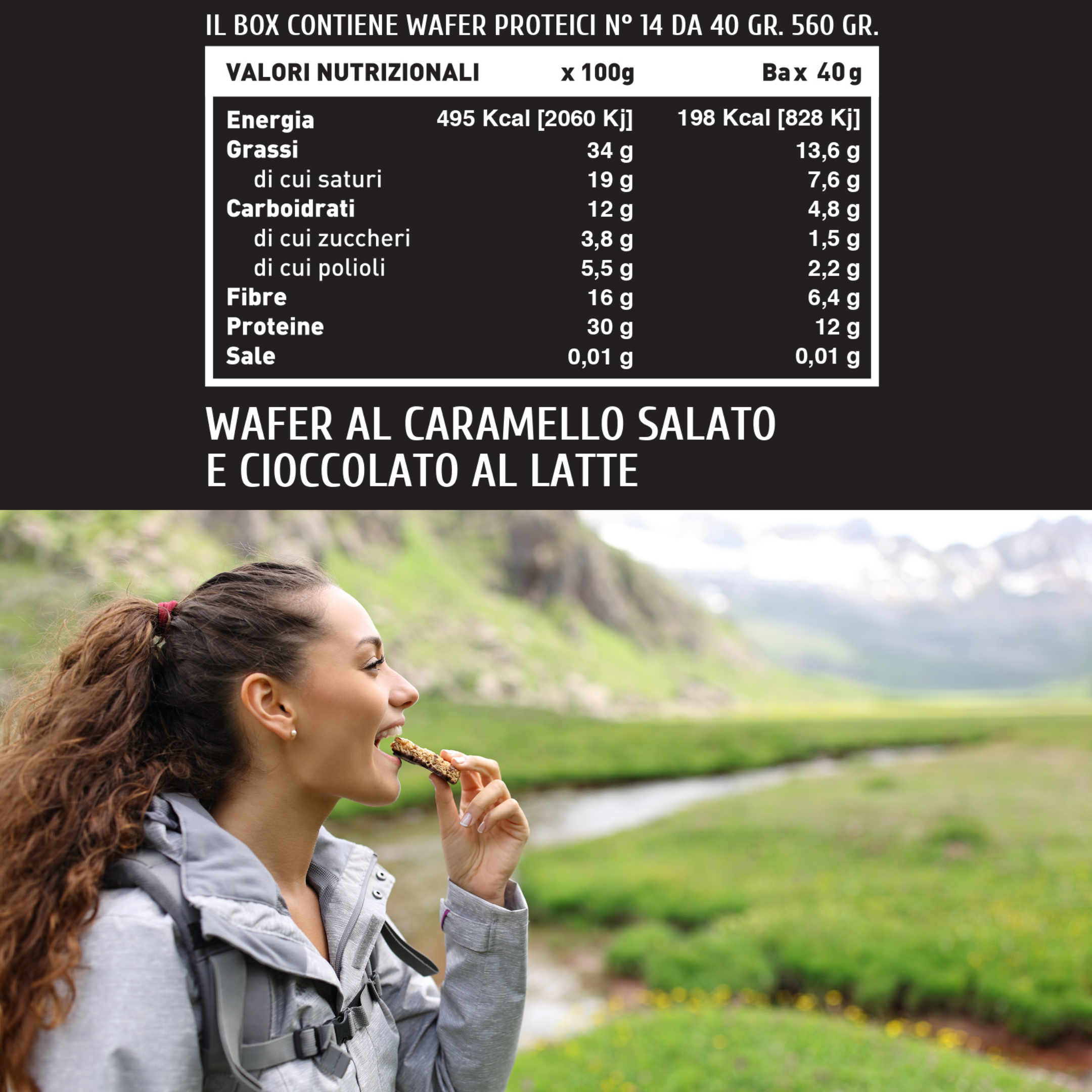 Mond 14 Wafer Proteici Caramello Salato da 40 gr - Wafer Sostituto Pasto - Low Carb - Senza Glutine - Made In Italy - Qualità Top