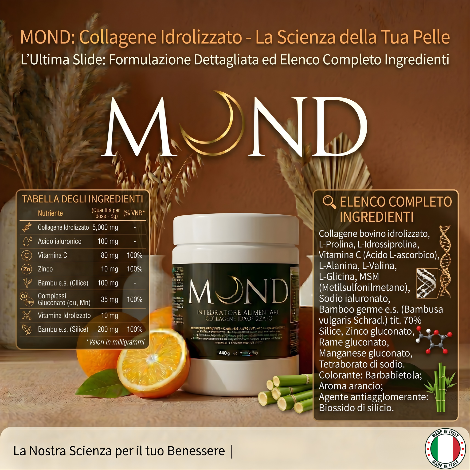 Mond Collagene Idrolizzato in Polvere con Acido Ialuronico e Vitamina C | Gusto Arancia Sicilia | 240g