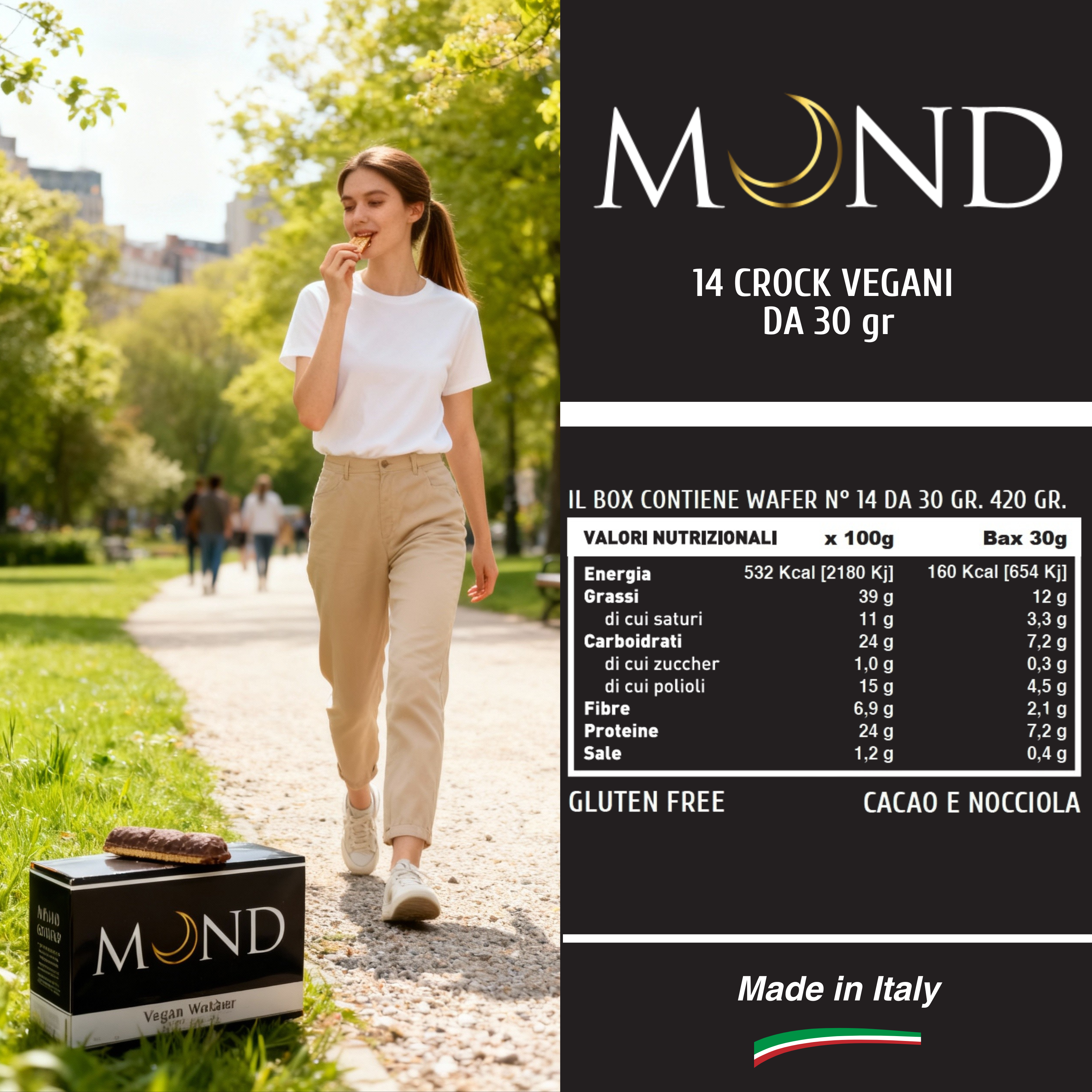 Mond 14 Crock Vegano da 30 gr Cioccolato fondente e Nocciola - Crok Sostituto Pasto - Low Carb - Senza Glutine - Made In Italy - Qualità Top