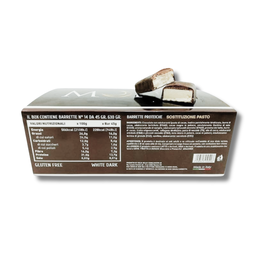 Mond 14 Barrette Proteiche Cioccolato fondente e Bianco da 45 gr - White Dark - Barrette Sostituto Pasto - Made In Italy - Senza Glutine - Qualità Top