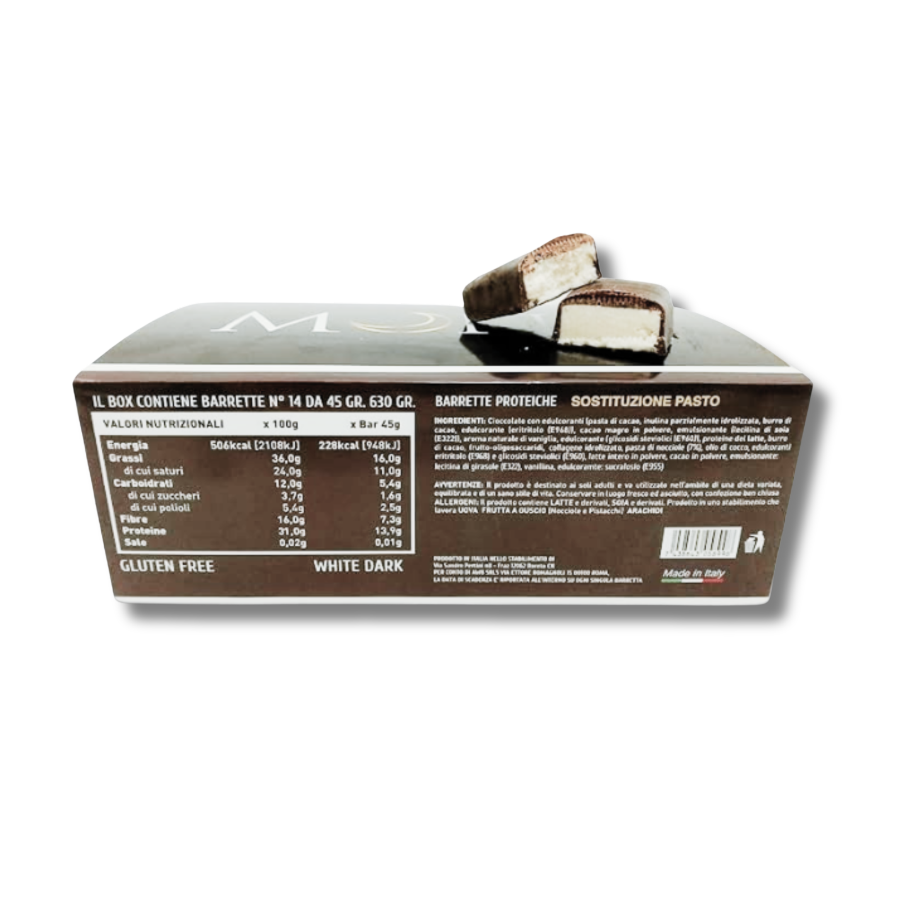 Mond 14 Barrette Proteiche Cioccolato fondente e Bianco da 45 gr - White Dark - Barrette Sostituto Pasto - Made In Italy - Senza Glutine - Qualità Top